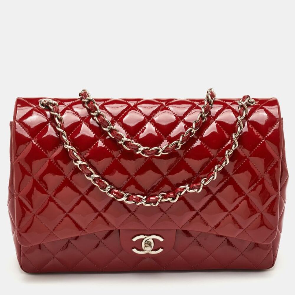 Chanel Classic Maxi Red Quilted Patent Leather Double Flap Bag